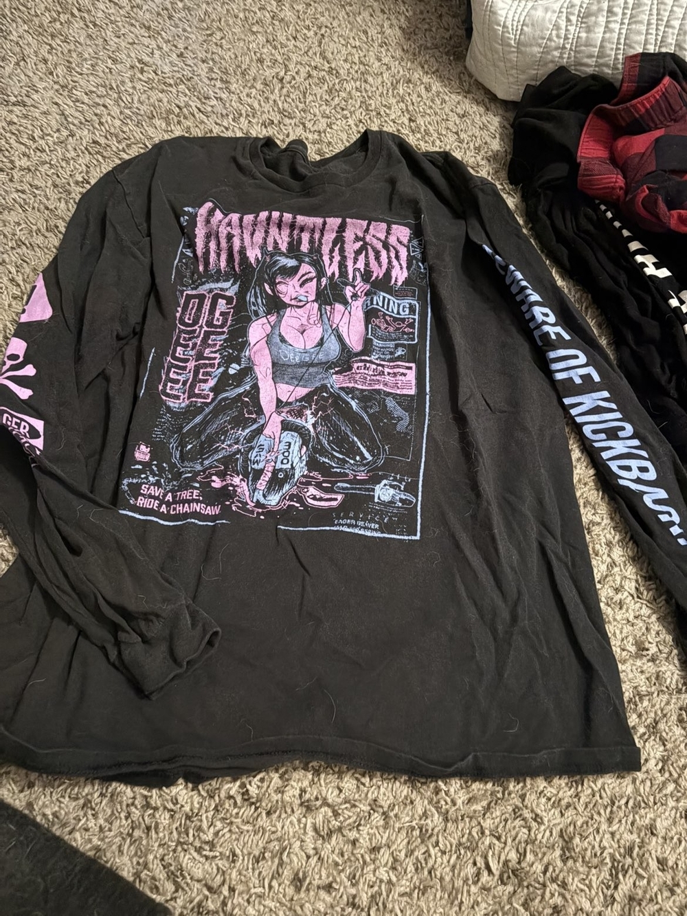 Black Graphic Long-Sleeve Shirt with Pink & Blue Print